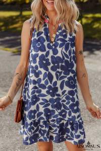 Blue Floral Sleeveless Notched V Neck Mini Dress