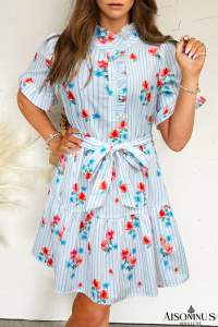 Sky Blue Striped Floral Print Ruffle Belted Mini Dress