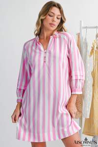 Rose Striped Long Sleeve Buttons Loose Mini Dress