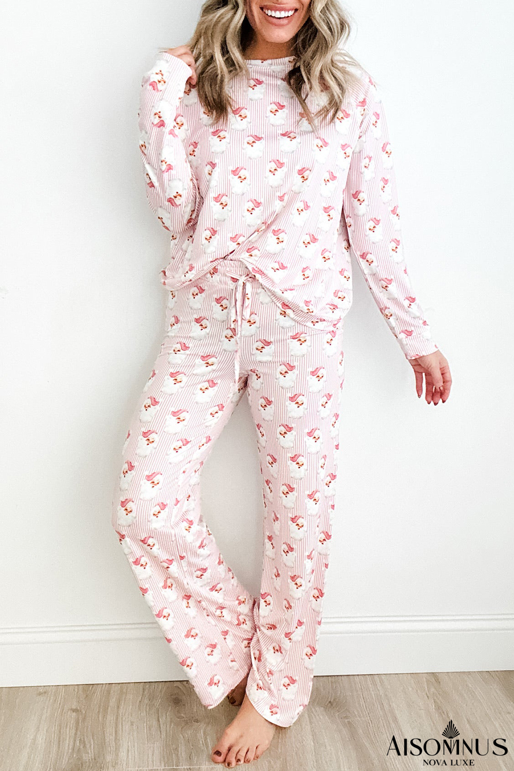Pink Santa Claus Striped Print Loose Fit Two Piece Loungewear Set