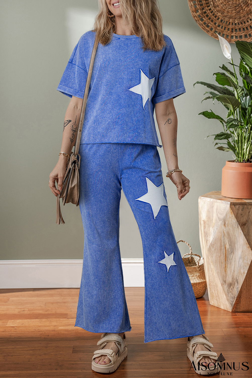 Ashleigh Blue Mineral Wash Star Patched Loose Pants Set