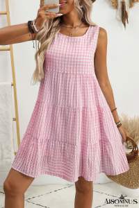 Pink Gingham High Waist Sleeveless Mini Dress