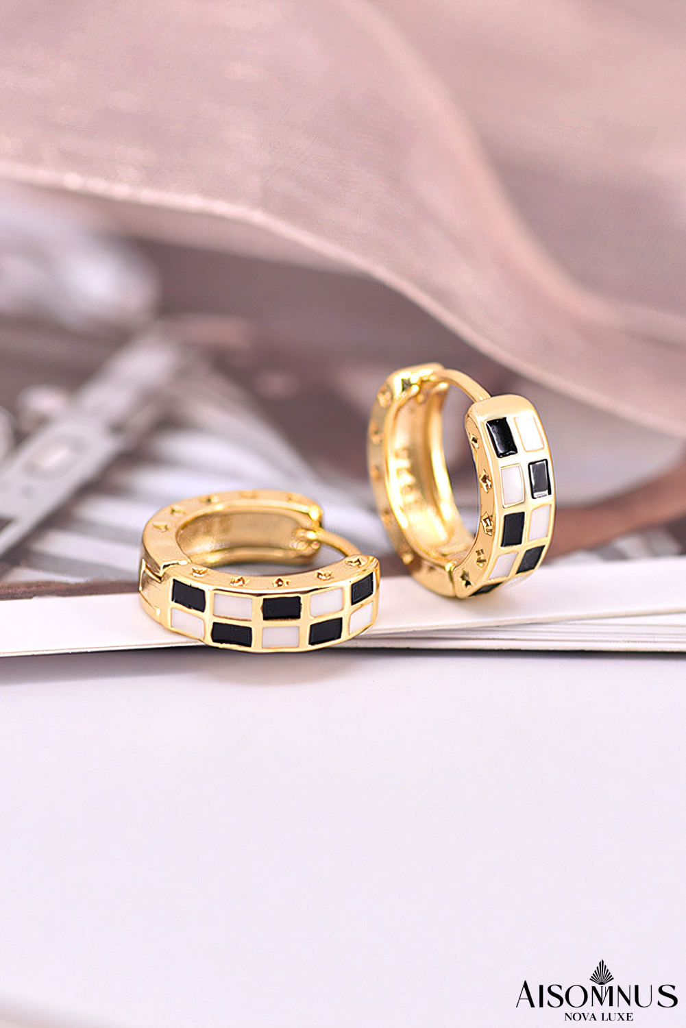 Gold Checkerboard Small Hoop Earrings