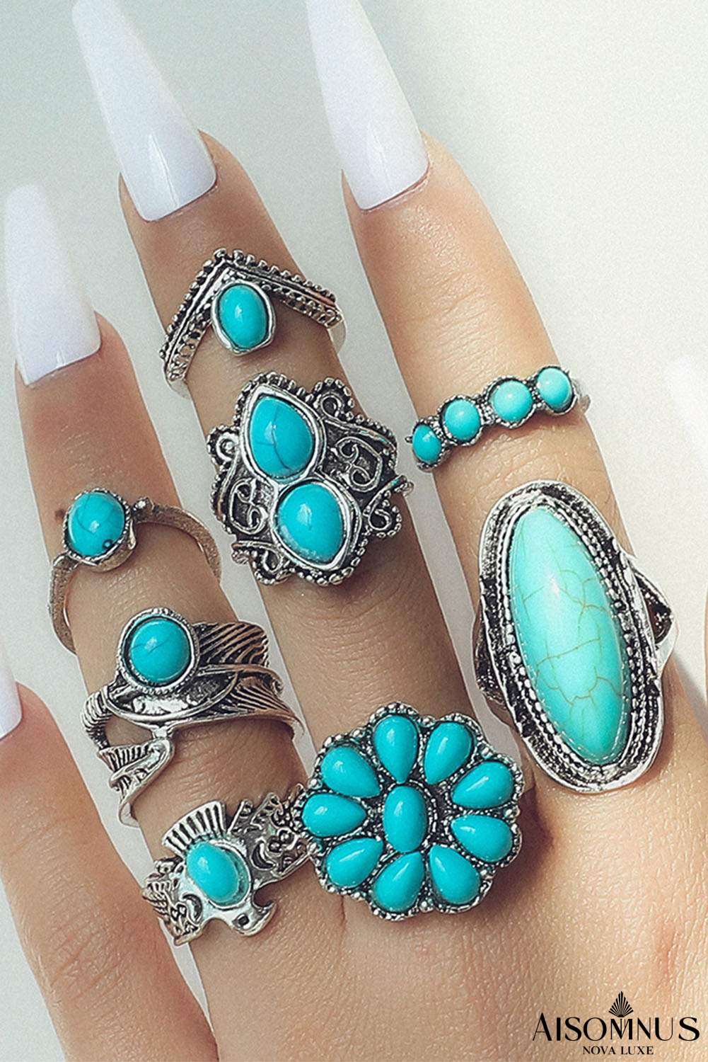 Green 8Pcs Vintage Turquoise Ring Set