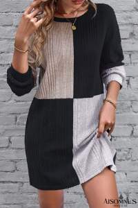 Black Ribbed Color Block Drop Shoulder Long Sleeve Mini Dress