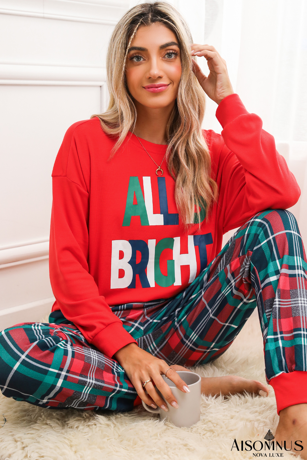 Multicolor ALL IS BRIGHT Christmas Plaid Pajama Set
