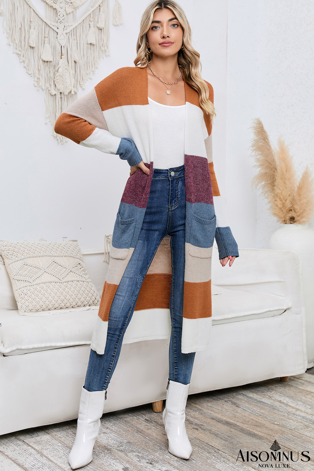 Multicolor Knitted Color Block Open Front Long Cardigan