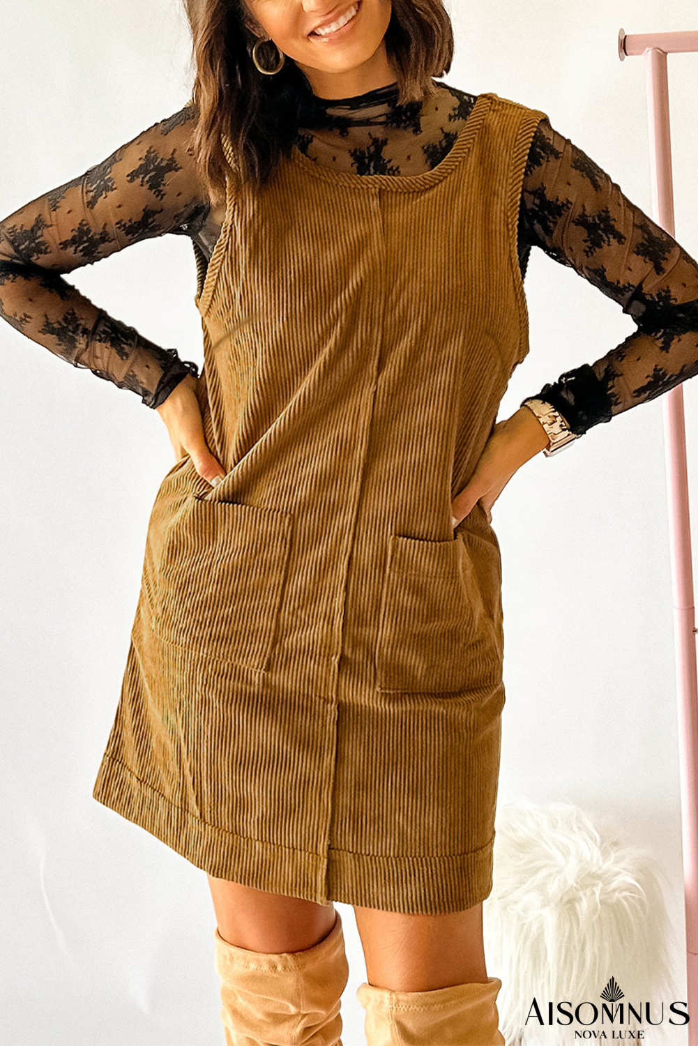 Beige Corduroy Exposed Seam Sleeveless Mini Dress