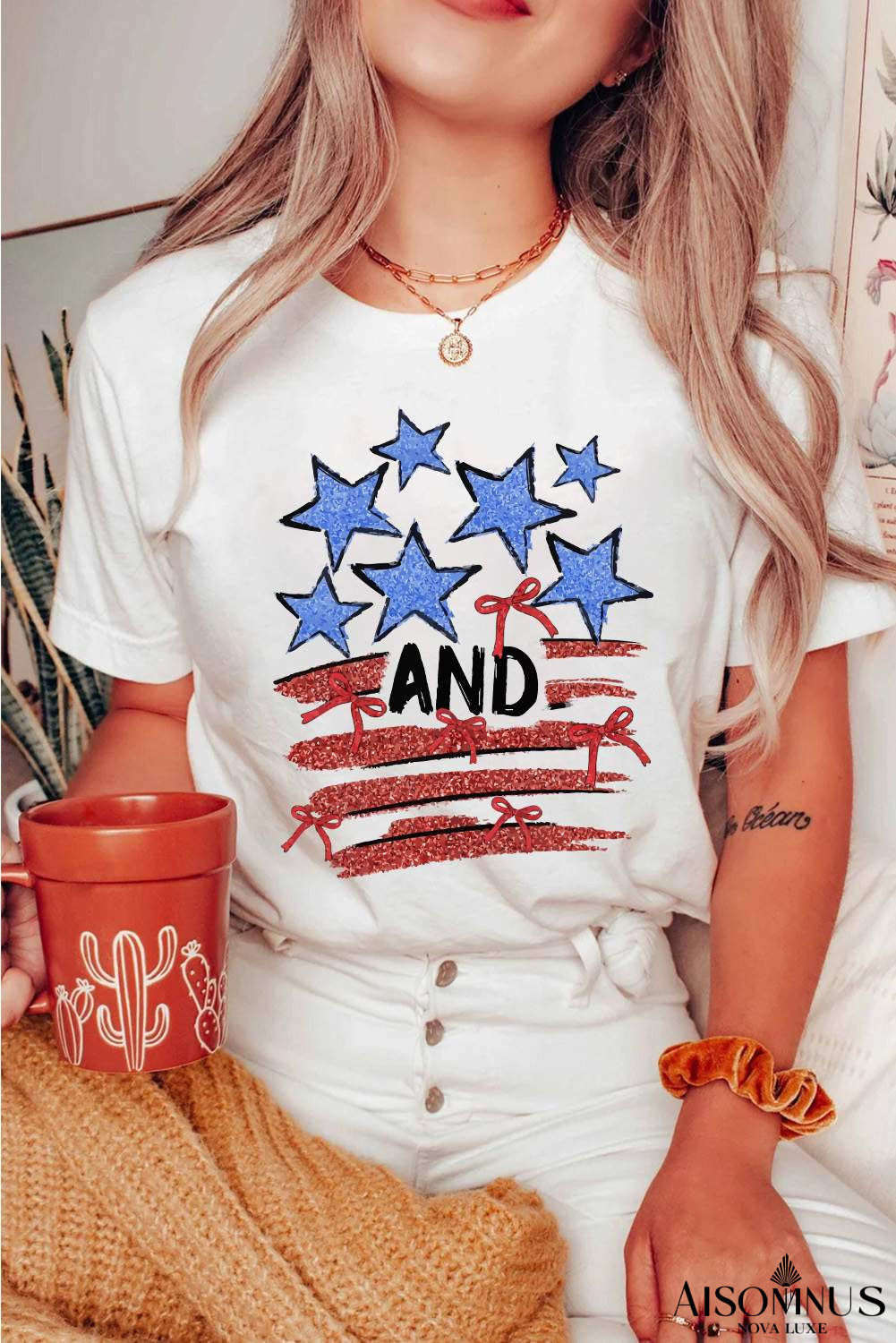 White Patriotic Stars and Stripes Bow Graphic T Shirt