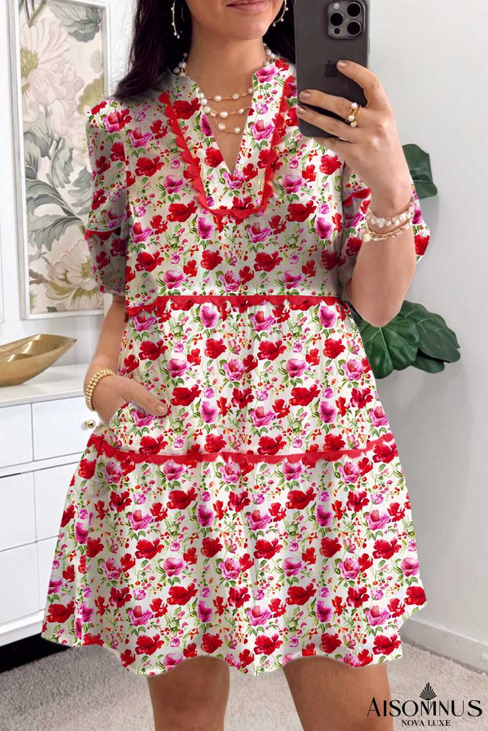 Red Floral Puff Sleeve Tiered Ric Rac Pocketed Mini Dress