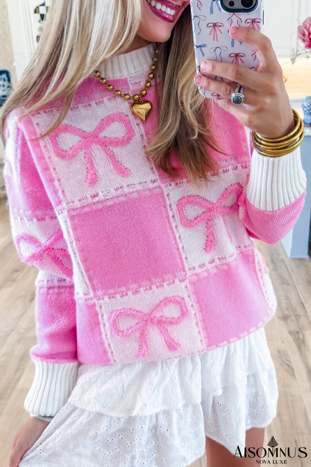 Pink Bow Knot Two Tone Checkered Crew Neck Sweater