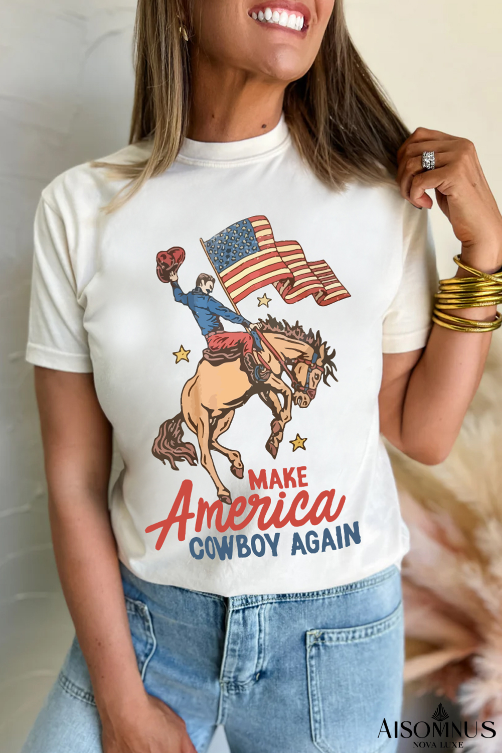 White MAKE AMERICAN COWBOY AGAIN Graphic Crewneck Tee
