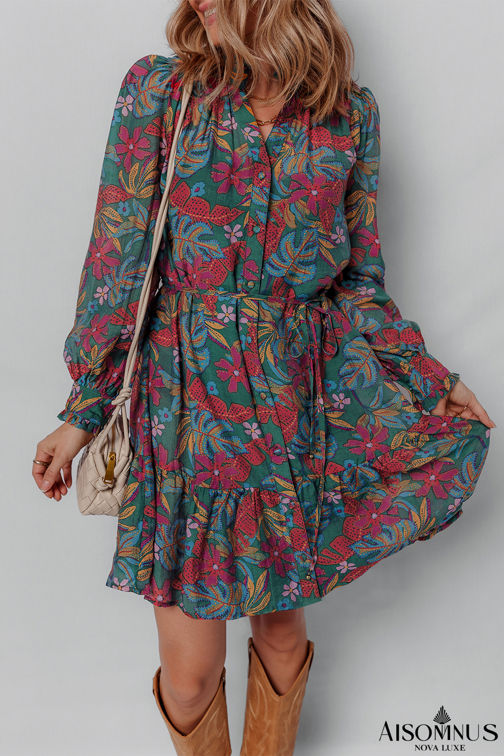 Green Floral Frill V Neck Puff Sleeve Ruffle Mini Dress