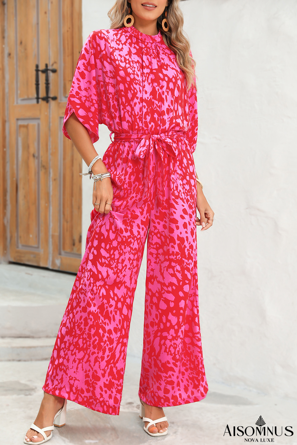 Rose Leopard Print Tulip Sleeve Belted Wide Leg Jumpsuit