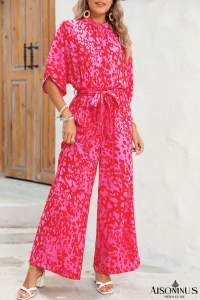 Rose Leopard Print Tulip Sleeve Belted Wide Leg Jumpsuit