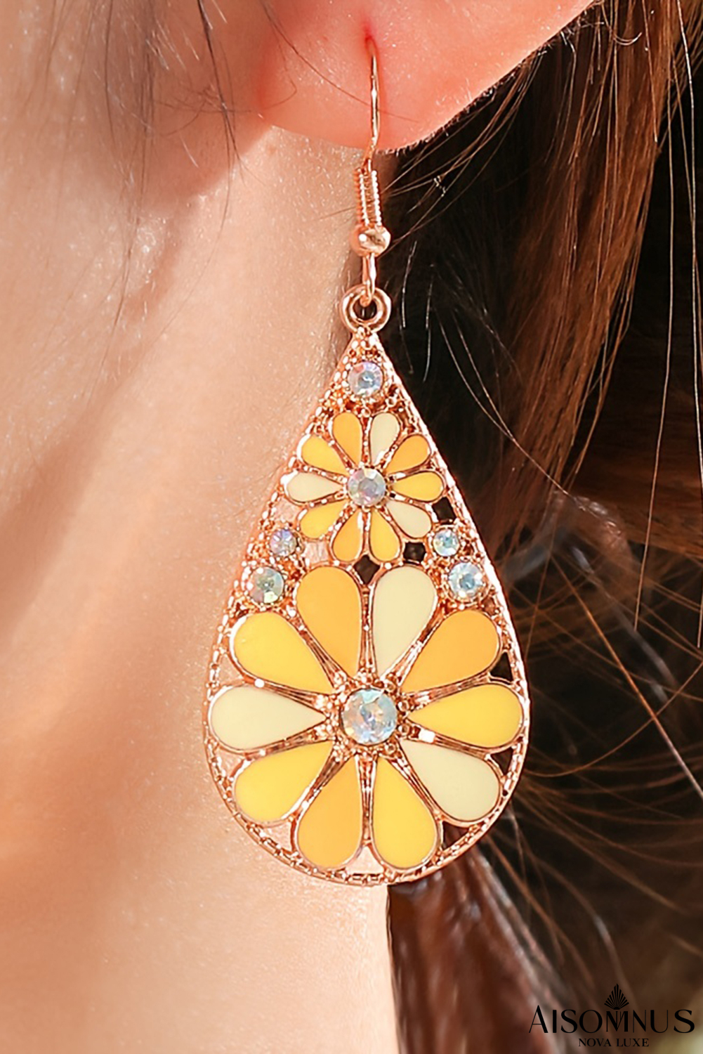 Citrus Boho Sunflower Rhinestone Decor Drop Earrings