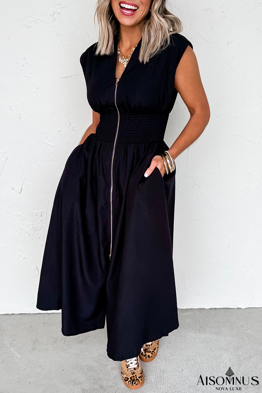 Black Sleeveless Zipped Front V Neck Shirred Waist Midi Dress