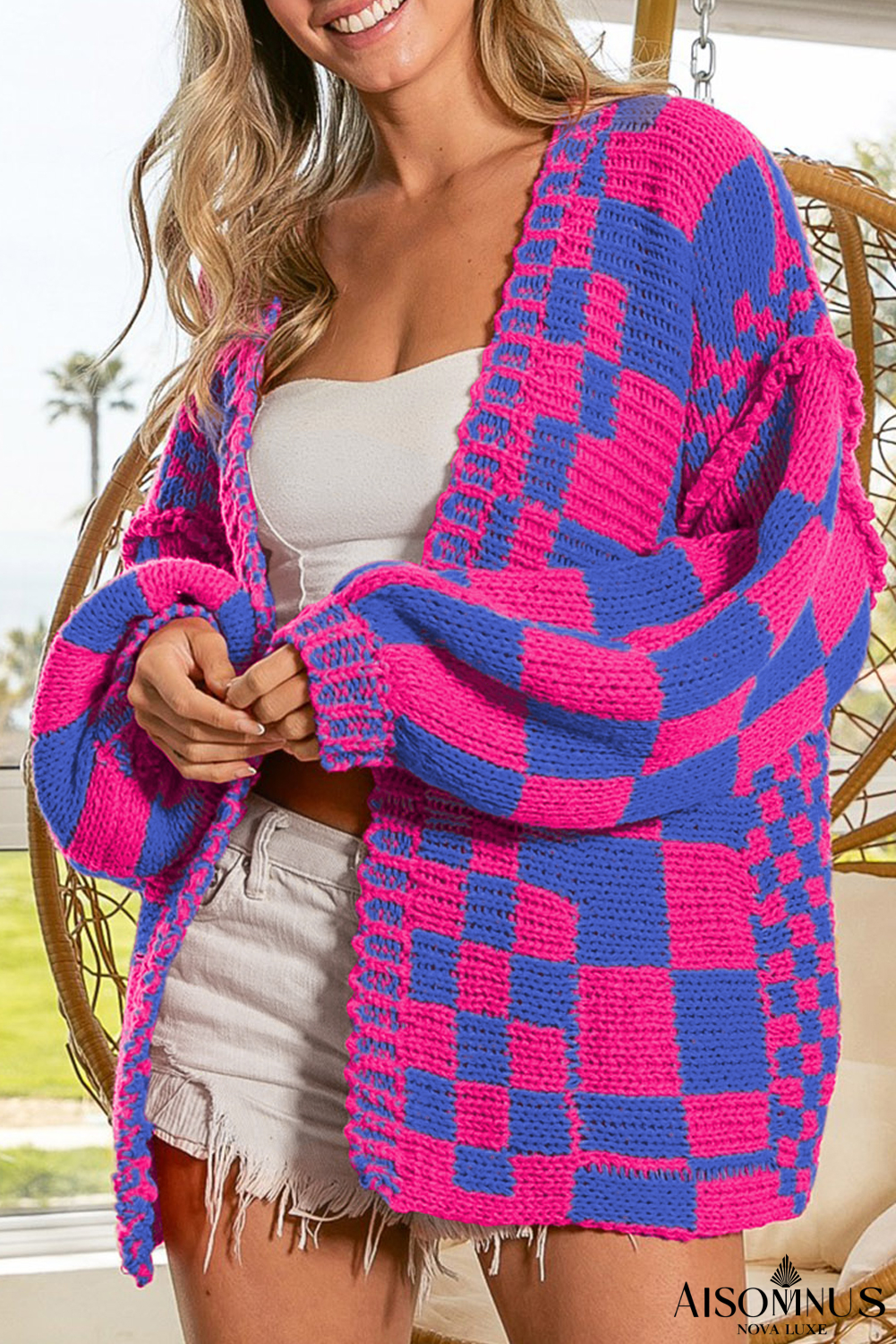 Rose Red Colorblock Checked Open Front Knitted Cardigan