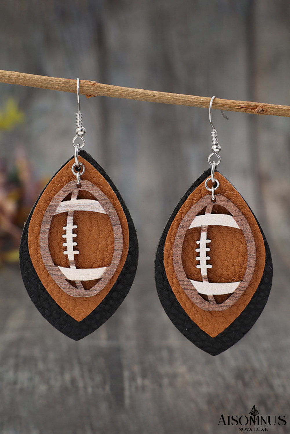 Chestnut Football Shape PU Leather Drop Earrings