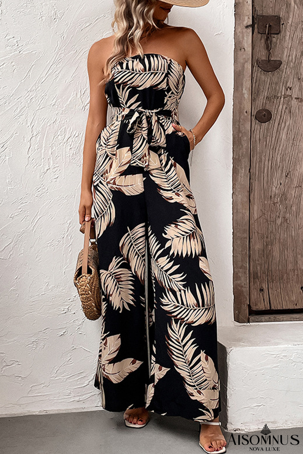 Black Tropical Print Strapless Pocket Wide Leg Jumpsuit