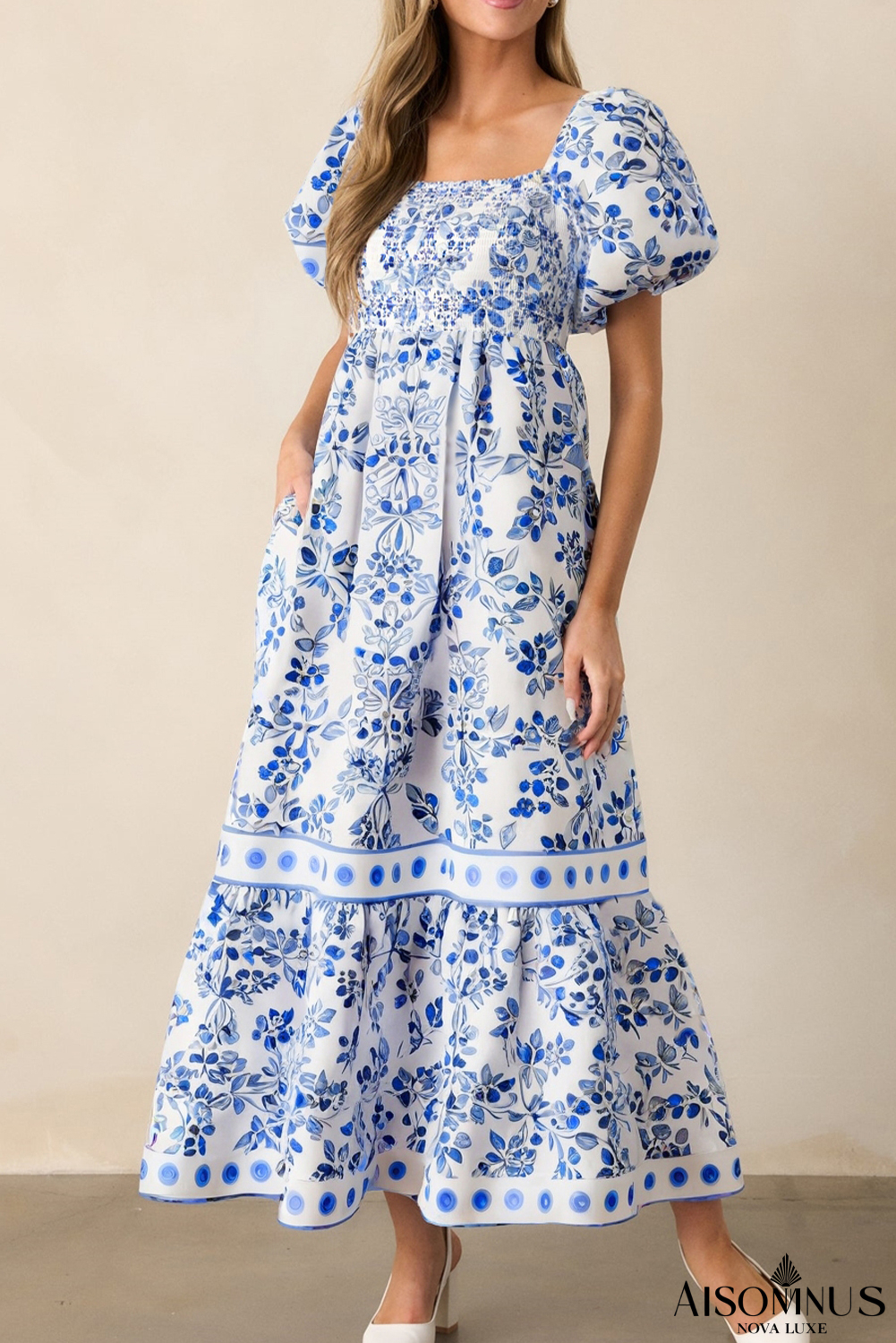 Sky Blue Floral Print Square Neck Bubble Sleeve High Waist Maxi Dress