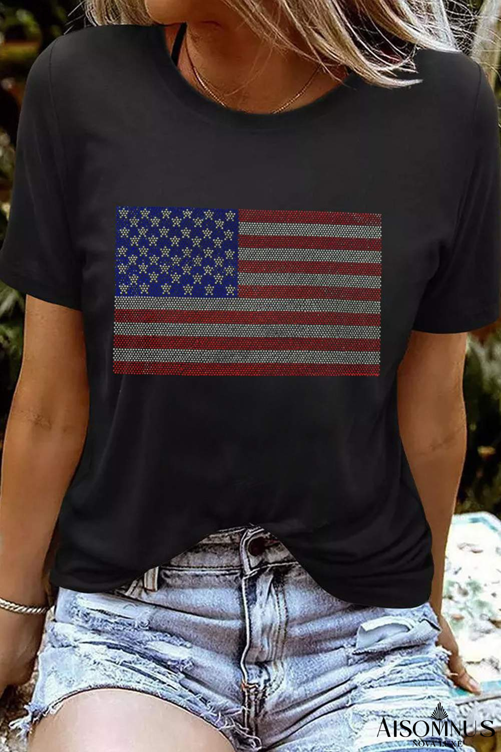 Black Rhinestone American Flag Graphic Round Neck Tee