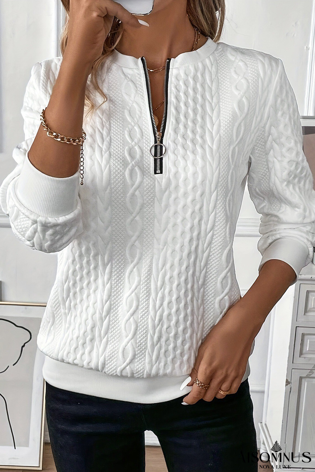 White Casual Zipper Pullover Sweater