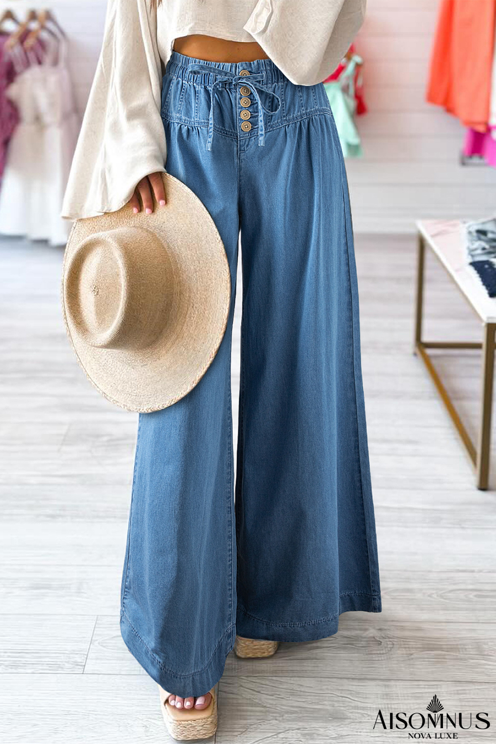 Dusk Blue Mineral Wash Button High Waist Wide Leg Jeans