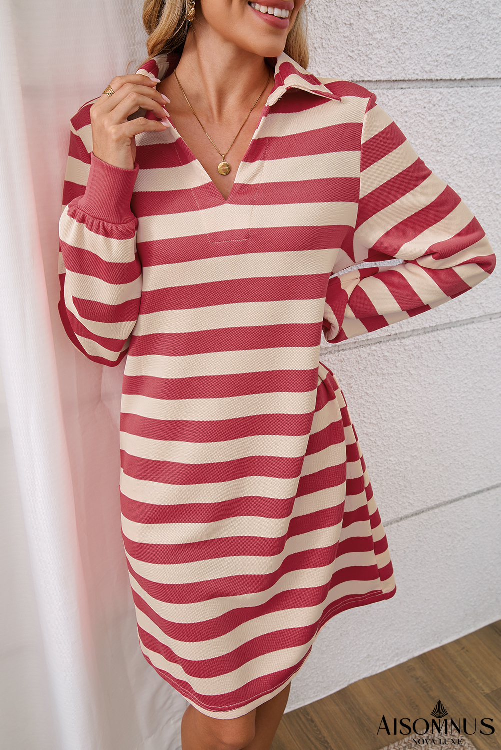 Pink Stripe Pocketed Collared V Neck Loose Fit Mini Dress
