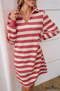 Pink Stripe Pocketed Collared V Neck Loose Fit Mini Dress