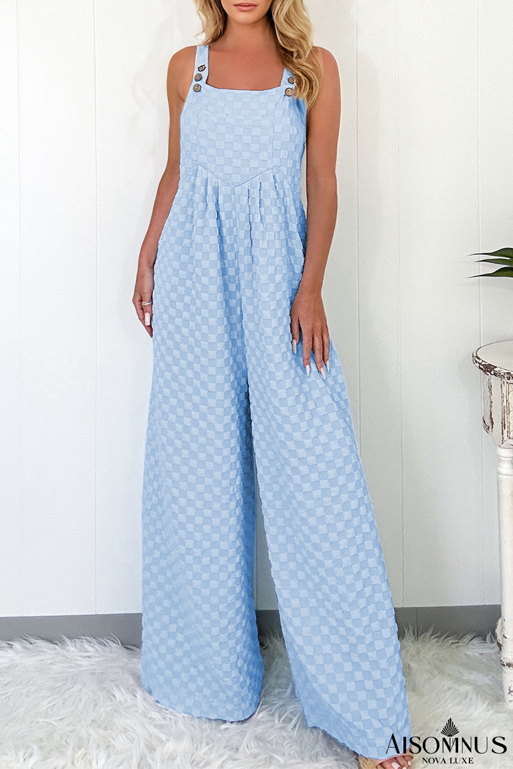 Beau Blue Checkered Pocket High Waist Wide Leg Overall