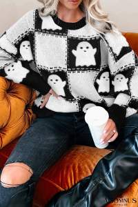 Black Halloween Ghost Checkered Drop Shoulder Sweater