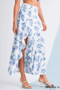 Sky Blue Boho Floral High Waist Ruffle Split Maxi Skirt