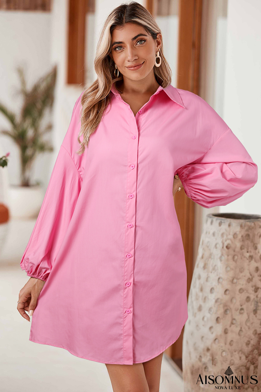 Bright Pink Plain Bishop Sleeve Button Up Shirt Dress