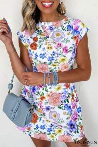 Sky Blue Vibrant Floral Print Cap Sleeve Mini Dress