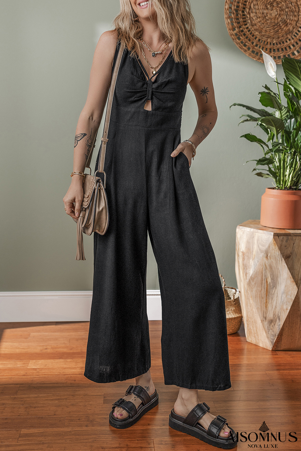 Black Cut Out Smocked Back Sleeveless Wide Leg Jumpsuit