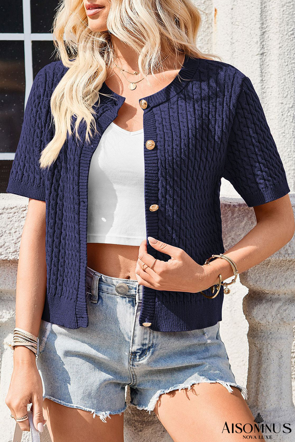Navy Blue Button Front Short Sleeve Knit Cardigan