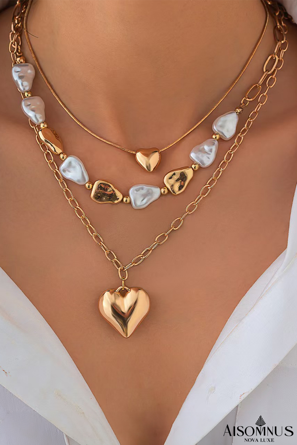 Gold Heart Pendant Pearl Chain Necklace Set