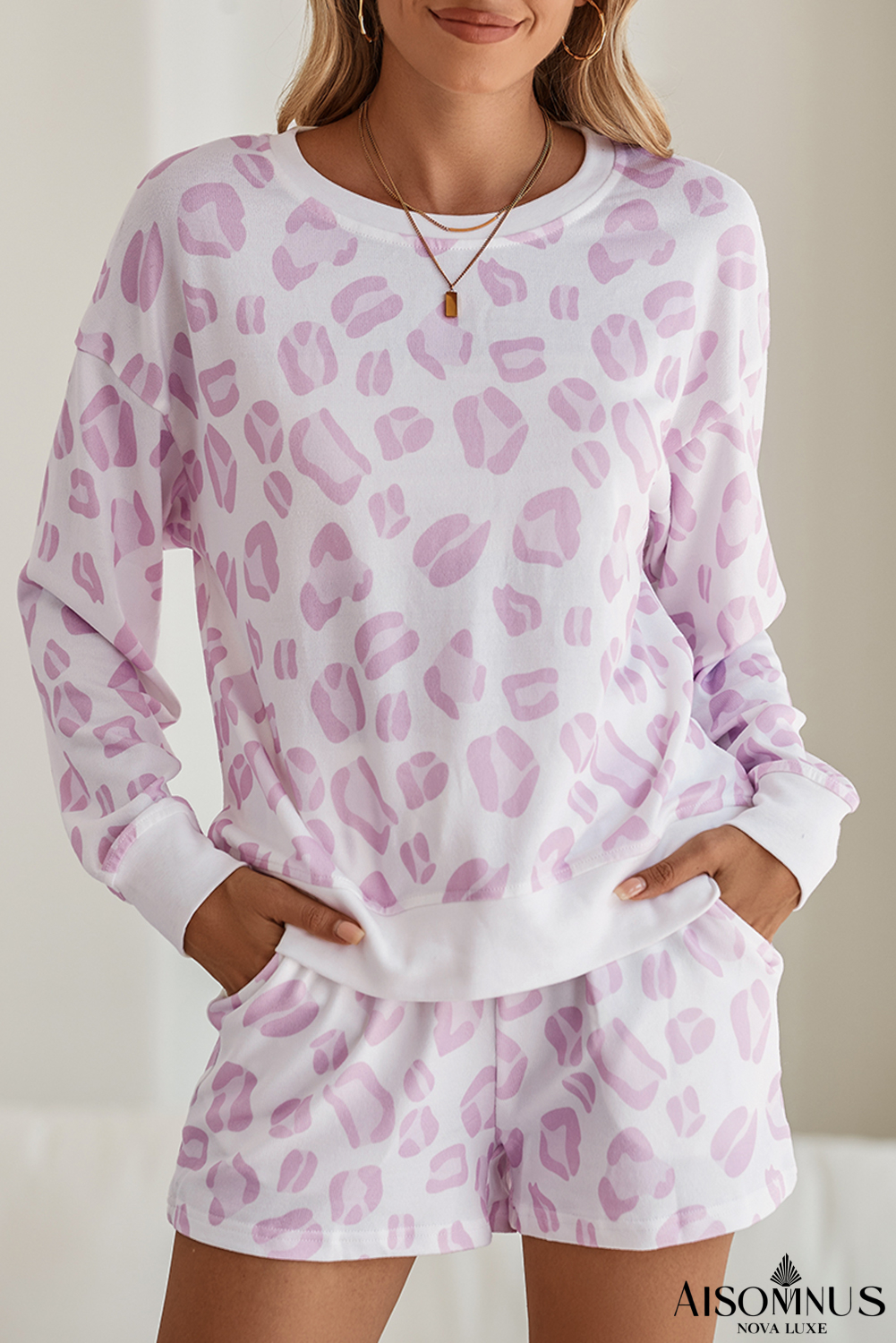 Pink Leopard Print Pullover and Shorts Pajama Set