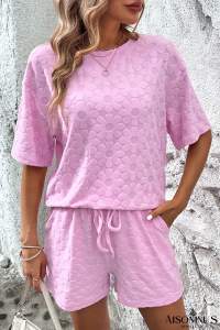 Pink Plain Flower Embossed Textured Shorts Set