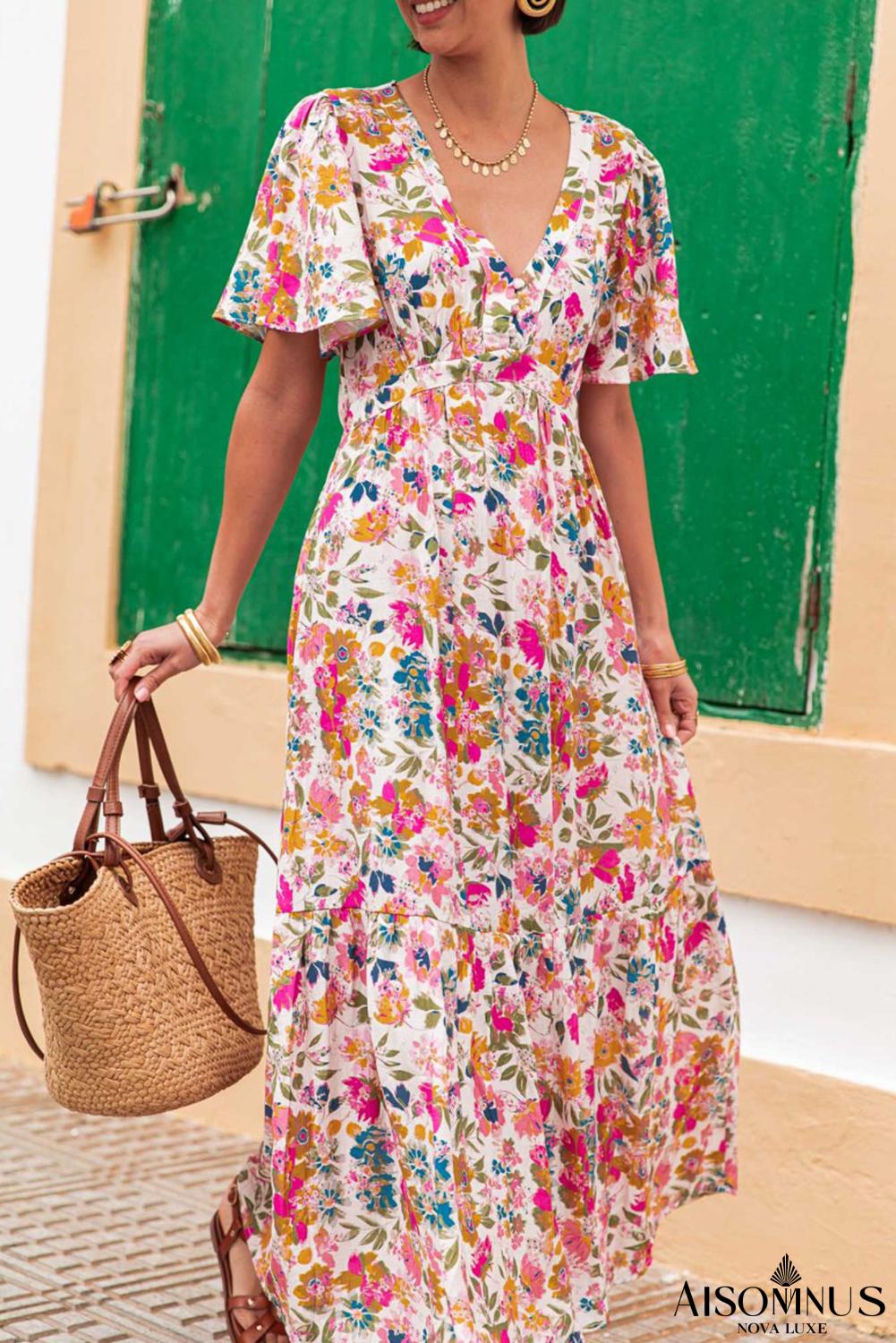 Red Floral Short Sleeve V Neck High Waist Maxi Dress