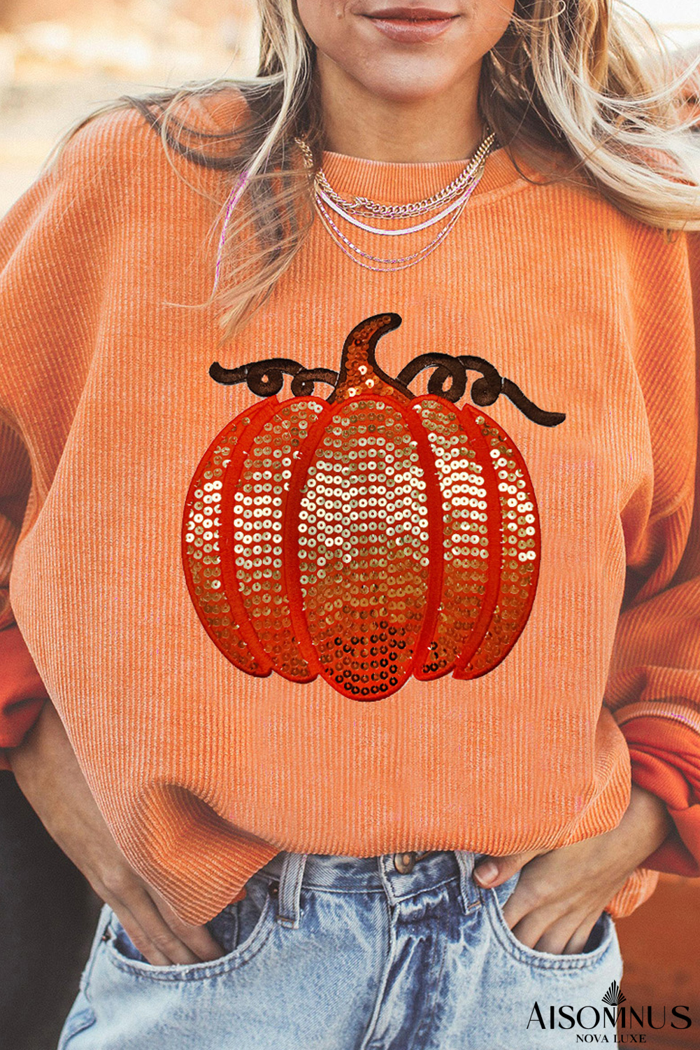 Orange Crinkle Ribbed Halloween Sequin Pumpkin Graphic Sweatshirt