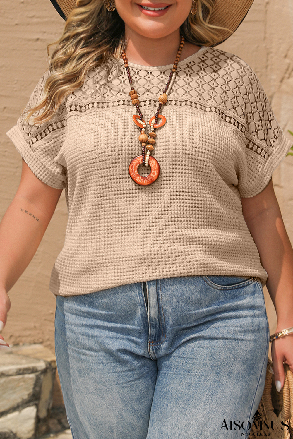 Oatmeal Lace Patchwork Waffle Short Sleeve Crewneck Plus Size Top
