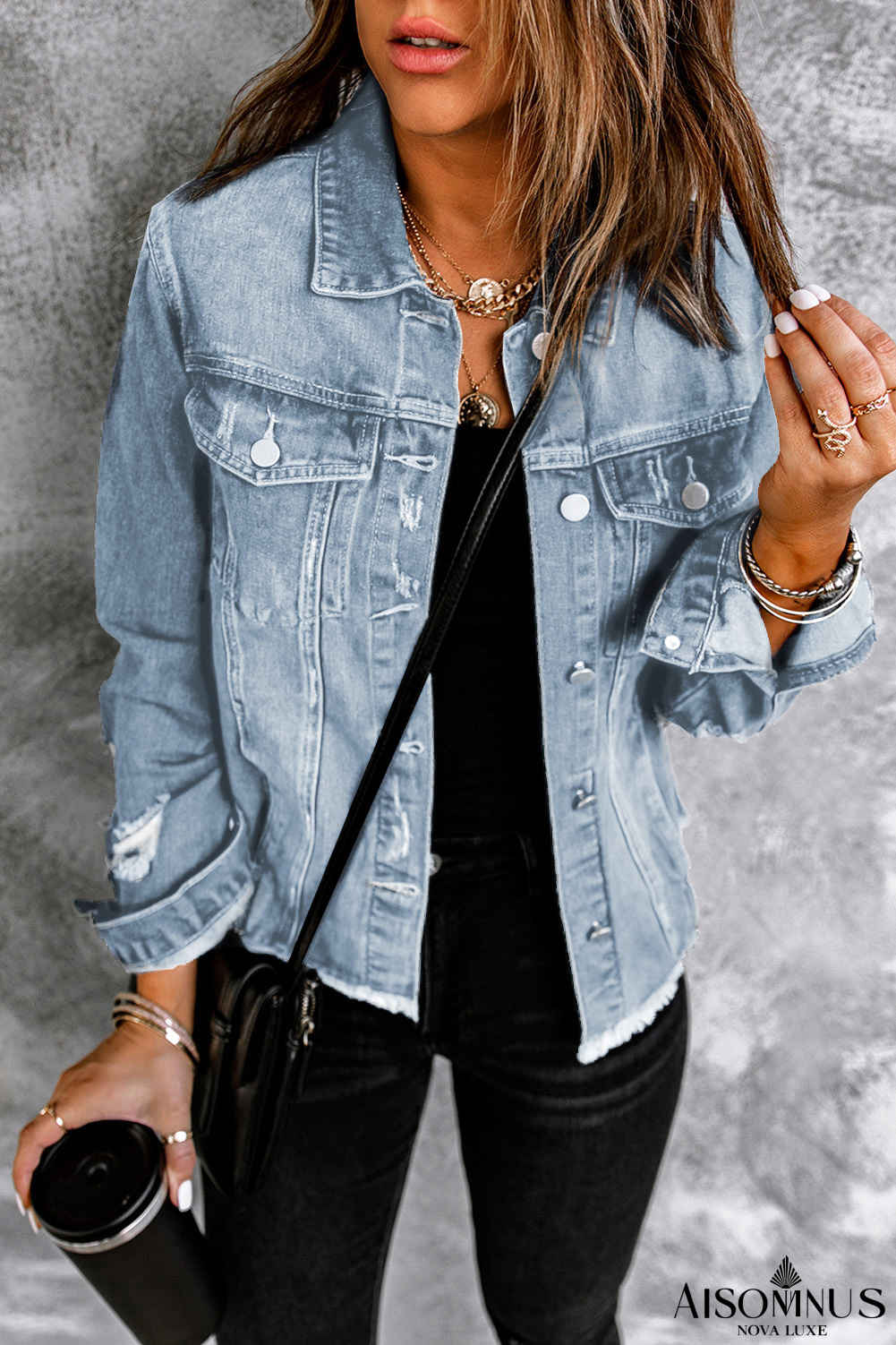 Light Blue Distressed Ripped Raw Hem Buttons Denim Jacket