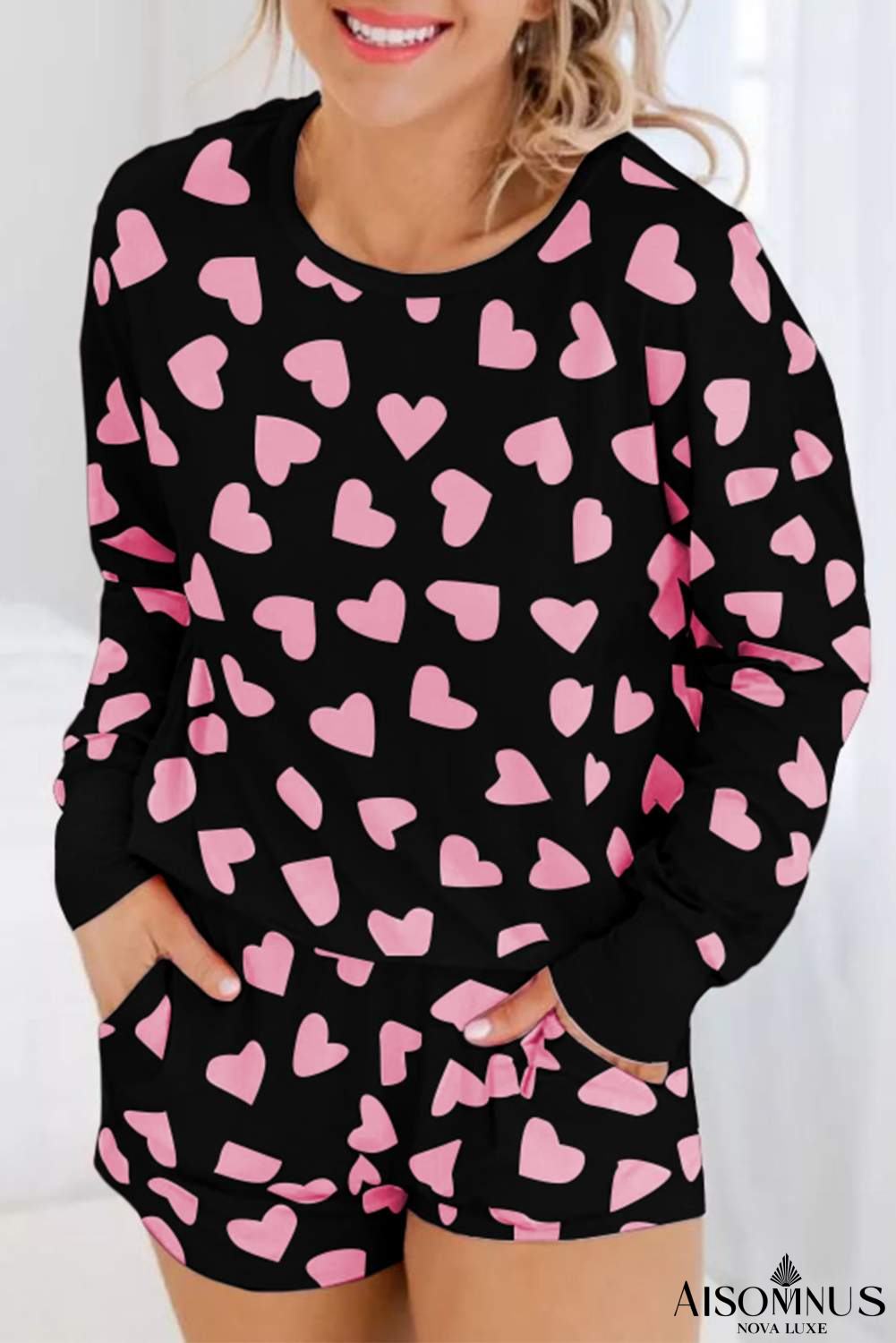 Black Heart Shape Print Long Sleeve Top and Shorts Loungewear Set