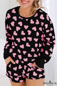 Black Heart Shape Print Long Sleeve Top and Shorts Loungewear Set