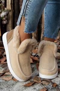 Beige Suede Stitching Patchwork Plush Lined Anklet Boots