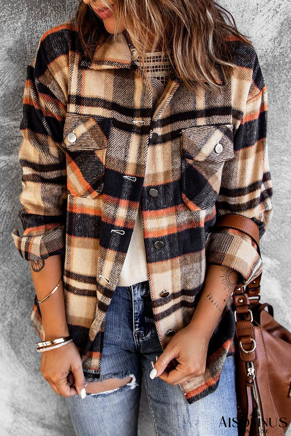 Brown Plaid Button Up Long Sleeve Flannel Shacket