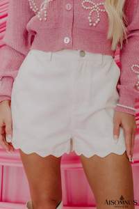 White Scalloped Hemline Light Wash Denim Shorts