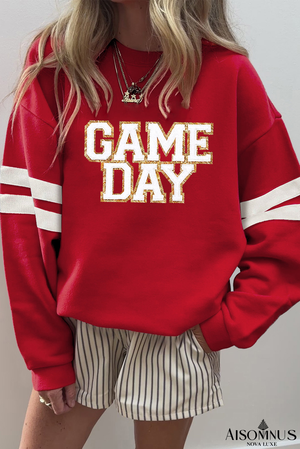 Fiery Red GAME DAY Striped Drop Shoulder Oversized Sweatshirt